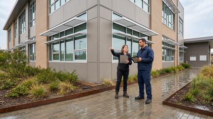 Fototapeta premium Facility Staff Assessing Shaded Facade And Drainage At Green Workplace