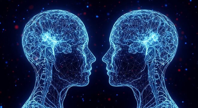 Two human-like structures formed by interconnected points, depicting neural networks and brains