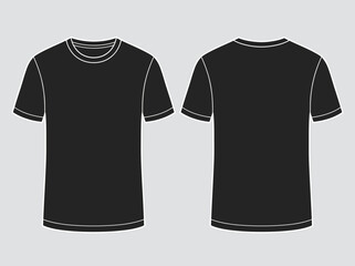 Fototapeta premium Vector illustration of a black t-shirt with white trim shown from front and back against a gray background.