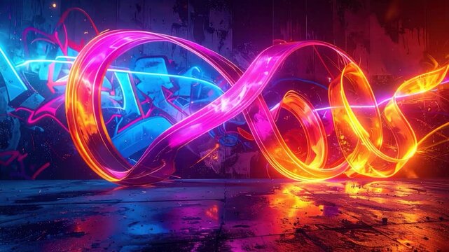 Abstract composition with neon ribbons and graffiti art on a grunge wall
