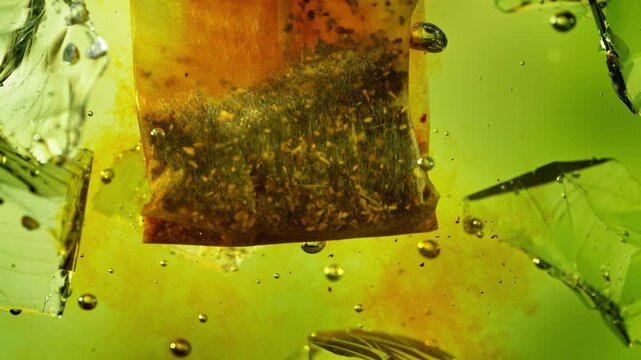Super Slow Motion of Extracting Tea Bag in Water with Ice at 1000fps, Ice Tea Concept.