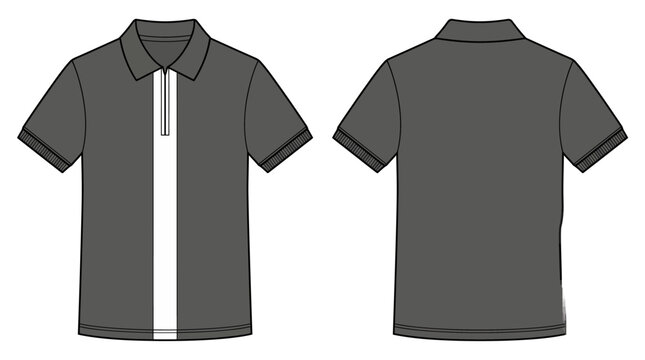 Dark gray polo shirt with white zipper, front and back views, on white background