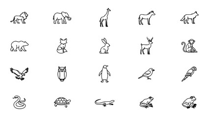Fototapeta premium Animals Arranged in a Grid Pattern with Various Species Including Lions, Elephants, Giraffes, Horses, Bears, Foxes, Rabbits, Deer