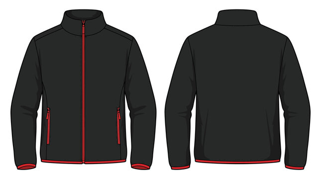 Front and back view of a black jacket with red accents on a white background