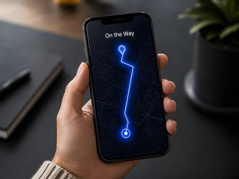 A close-up of a hand holding a modern smartphone displaying a glowing GPS navigation route on a dark map interface with the text "On the Way." Ideal for concepts related to mobile navigation, 