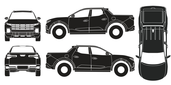 Black and white pickup truck blueprint vector illustration showing front back side and top view projections