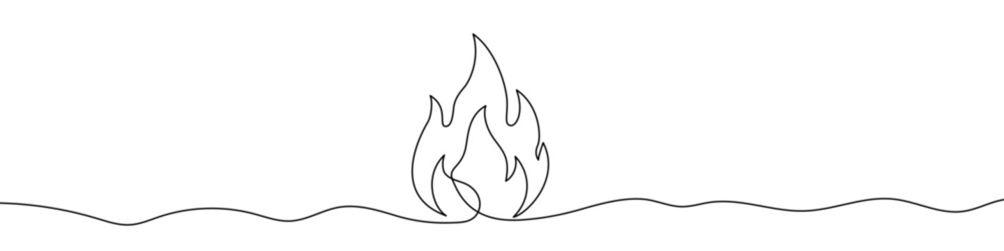 Campfire in one line art style. Campfire drawing with editable black stroke on a white background. Vector illustration.