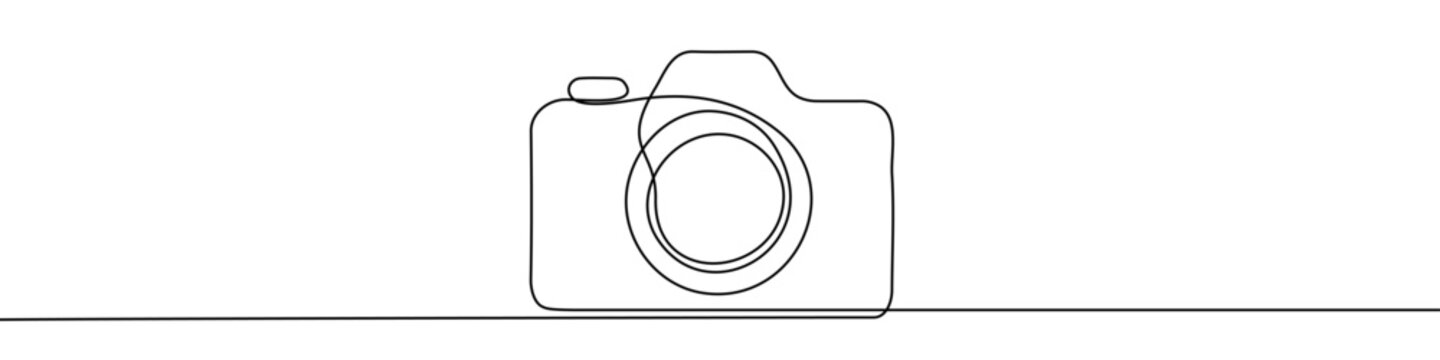 Camera in one line art style. Camera drawing with editable black stroke on a white background. Vector illustration.