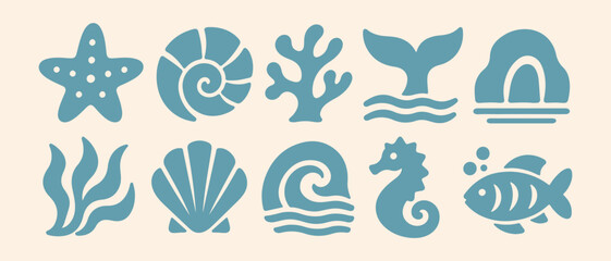 Minimal Ocean and Marine Life Icon Set Featuring Starfish Shell Coral Whale Tail Fish Seaweed Wave and Sunset Silhouette © CHOICE20