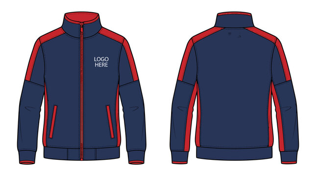 Navy blue and red zip-up jacket with side pockets on a white background