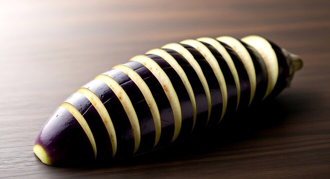precisely sliced purple Japanese eggplant with glossy skin, pale flesh and perfect even cuts, prepared for nasu dengaku grilling 