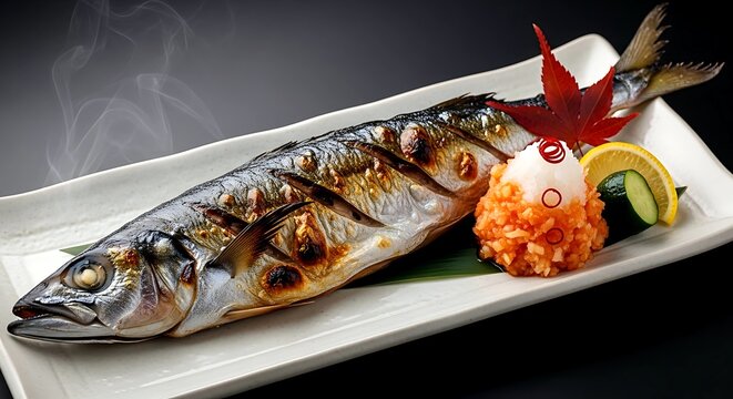 sanma (Pacific saury) with momiji oroshi. a whole grilled Pacific saury with crispy silver skin, char marks, with a mound of momiji oroshi (grated daikon with red chili)