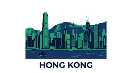 Fototapeta premium Hong Kong Skyline Flat Vector Illustration, Minimalist Blue Green Urban Cityscape on White