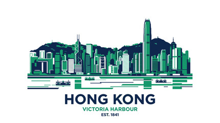 Fototapeta premium Hong Kong Victoria Harbour Skyline with Iconic Skyscrapers Against Mountain Backdrop Vector Illustration