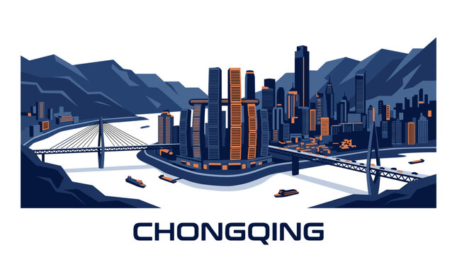 Chongqing Dramatic River and Mountain Cityscape with Iconic Bridges and Towering Skyscrapers