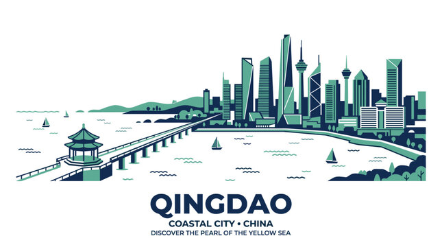 Qingdao Skyline Flat Vector Illustration, Modern Coastal China Cityscape Landmark Icon Design