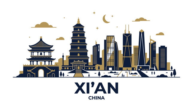 Xi'an City Skyline Silhouette. Minimalist Modern and Ancient Architectural Mix. Traditional Pagodas and Modern Skyscrapers, Gold and Navy Blue Color Palette, Travel Destination Concept.