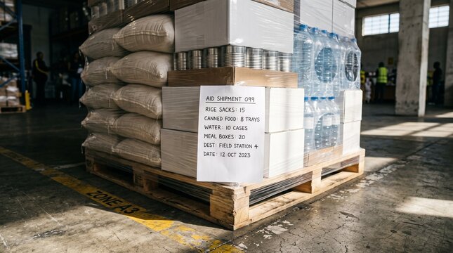 Wrapped relief pallet detail with staple foods water and packing list