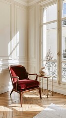 Fototapeta premium Elegant Parisian apartment living room featuring a red velvet armchair, wooden flooring, and large windows with natural light streaming in