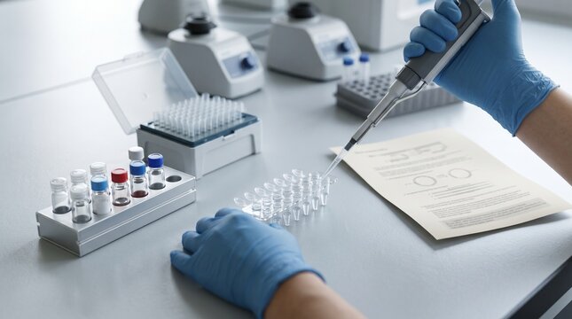 DNA Assembly Workflow Bench With Pipette Reagents And Sequence Sheet
