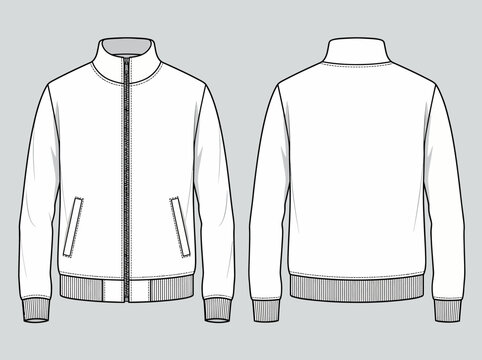 Front and back view of a white bomber jacket template with ribbed collar and cuffs isolated on a soft gray background for design.