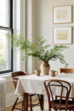 Vintage kitchen dining nook featuring a solid walnut table, mismatched chairs, and a ceramic vase with greenery in soft morning light