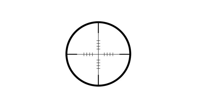 A black and white image of a circular scope reticle with fine crosshairs and hash marks for aiming.