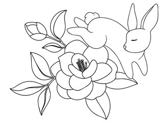 Easter composition with a cute vector Easter bunny and flowers. Coloring page.