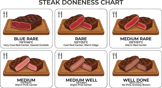 Steak Doneness Chart Vector Graphic with Cooking Levels Infographic Guide Featuring Blue Rare, Medium Rare, and Well Done Meat Degrees on Cutting Boards