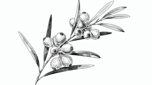 Botanical Illustration of Juniper Berries and Leaves, Black and White Sketch