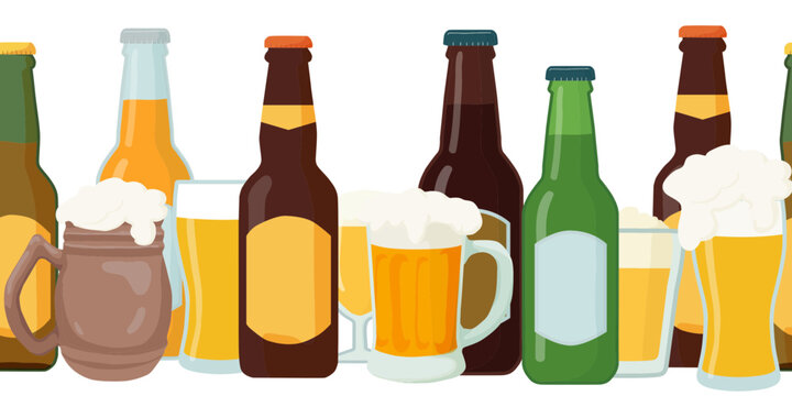 Beer in bottles, glasses and clay mugs. Vector illustration. Seamless foam drink border, isolated on a white background. Theme of pubs, bars, oktoberfest and beer fair