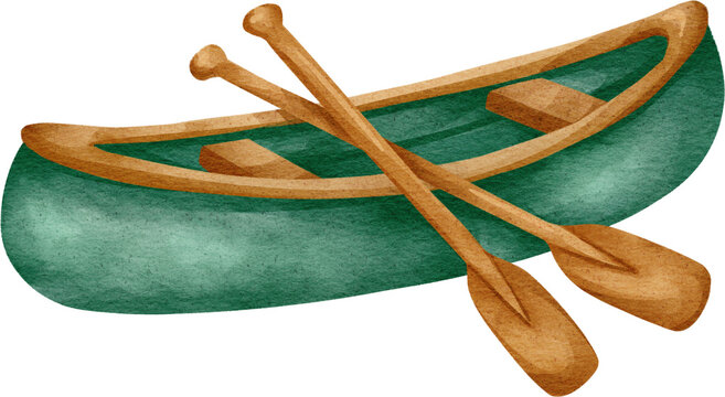 Watercolor canoe and paddles hand painted clipart illustration