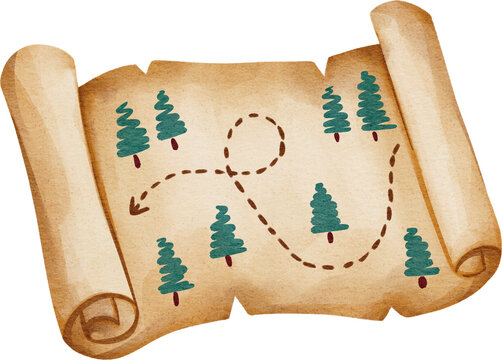 Watercolor treasure map hand painted clipart illustration