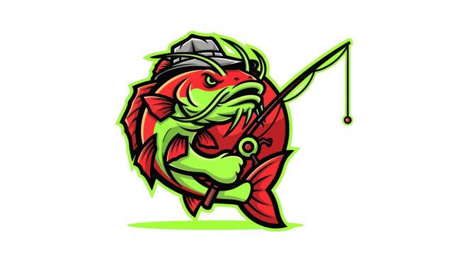 Angry catfish fisherman mascot holding a fishing rod