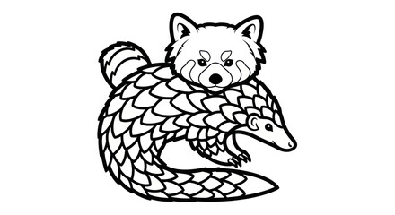 Cute red panda peeking over a scaly pangolin line art © puan