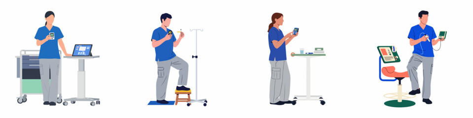 Fototapeta premium Set of diverse healthcare professionals in blue scrubs using modern medical equipment and digital devices in a clinic setting, flat vector illustration.