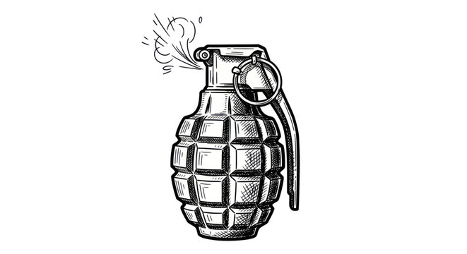 Fragmentation grenade in hand drawn engraving style with safety pin