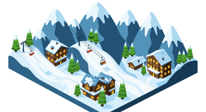 Isometric ski resort with snowy mountains chalets and lifts