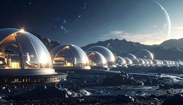 A futuristic lunar colony with domes on a rocky planet surface (1)