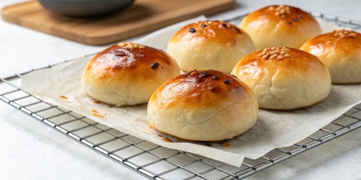 Golden baked cha siu bao cooling on a wire rack in a kitchen setting