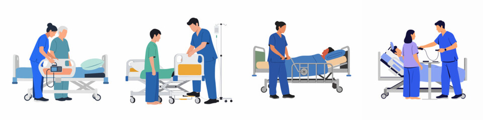 Fototapeta premium Set of flat vector illustrations depicting medical nurses providing professional care and assistance to diverse patients in a hospital setting