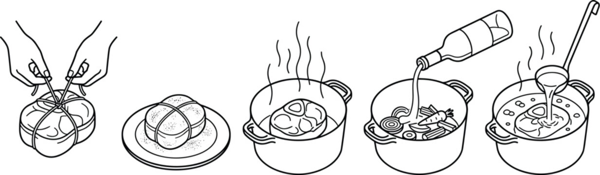 Cooking Process Icon Set for Osso Buco Recipe Instruction Steps with Tying Meat Searing Shank Pouring Wine and Ladling Broth