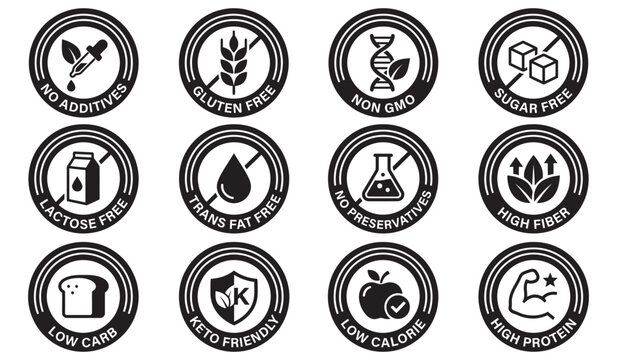 Dietary Restriction Icons Set Black and White Vector Graphic Isolated on White