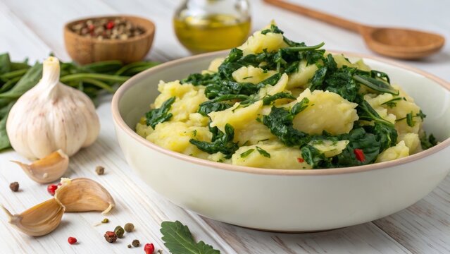 Traditional blitva dish served with potatoes and healthy greens in a cozy kitchen in South Croatia
