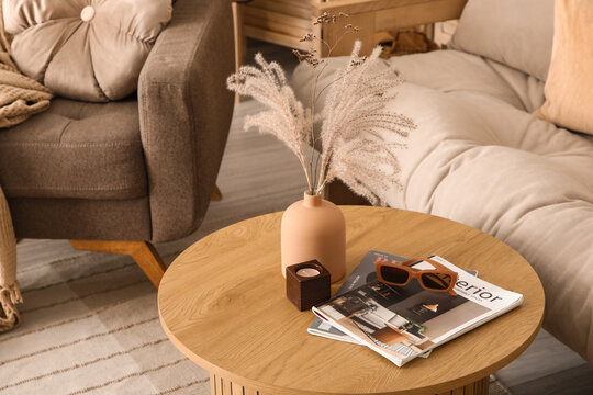 Vase with dry reeds, sunglasses and magazines on table in living room