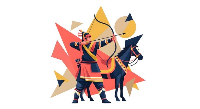 Archer stands ready with a bow and arrow beside a horse in this stylized vector graphic illustration.