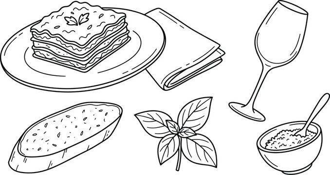 Italian Lasagna Dinner Vector Set with Layered Pasta Plate Garlic Bread Slice Wine Glass Grated Cheese Bowl and Fresh Basil Leaves