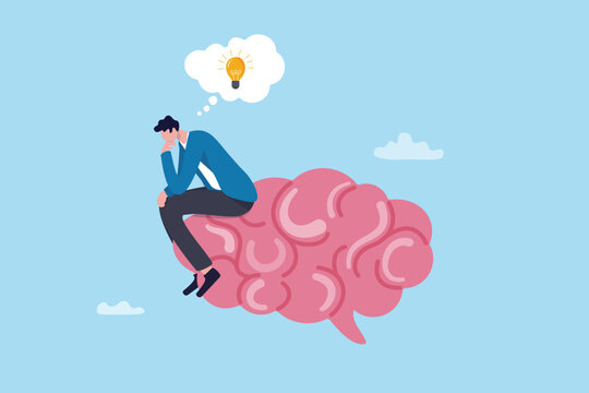 Thinker creativity or imagination to get solution to solve problem, intelligence, knowledge or wisdom, genius cognition to learning new thing, businessman thinker thinking on brain get lightbulb idea.