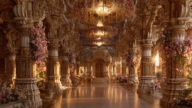 Ornate Hindu temple interior decorated with flowers for Radhashtami festival