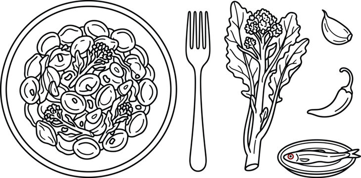 Italian Orecchiette Pasta Plate Vector Set with Recipe Ingredients featuring Fresh Broccoli Rabe Garlic Clove Chili Pepper and Anchovy Filet